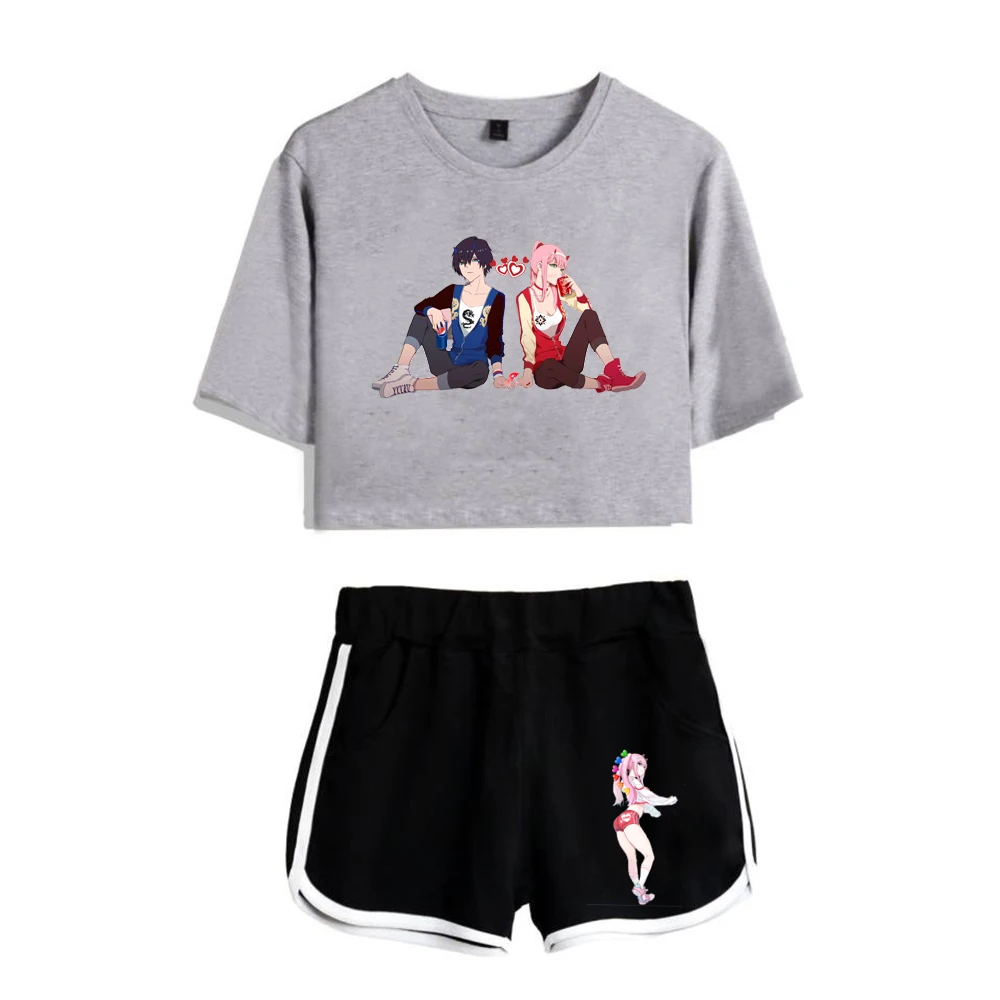 

Hip Hop DARLING In The FRANXX Print T-shirts shorts Pants Dew navel Short Sleeve Suits Beautiful Girls Sexy Two Pieces sets