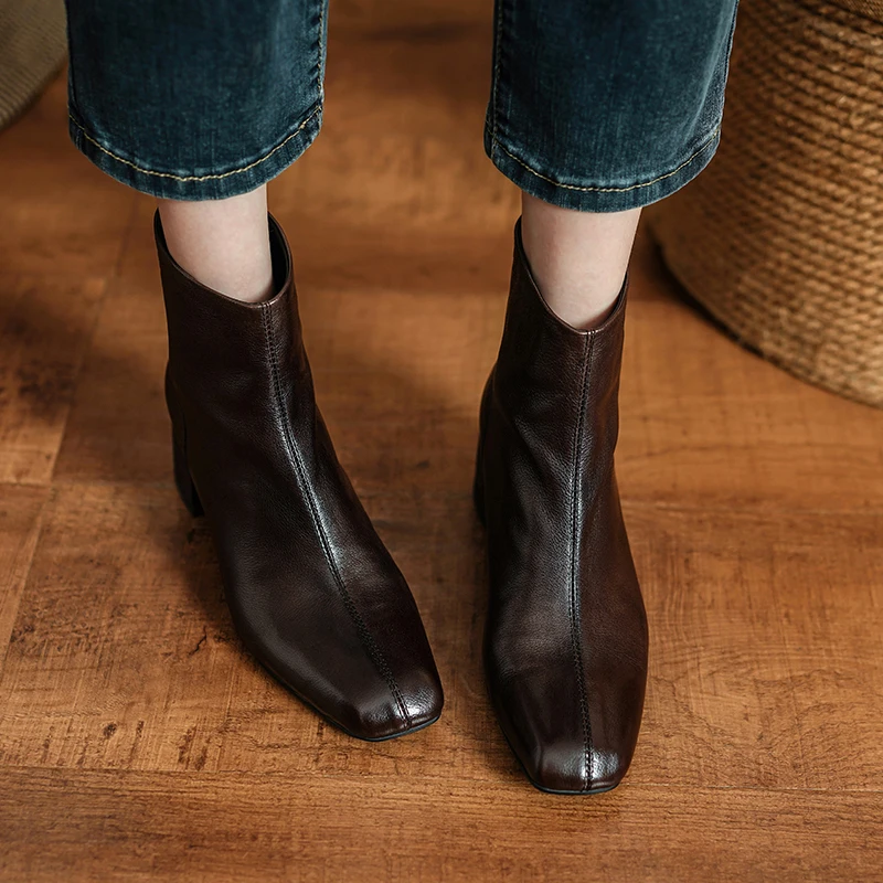 Весенне-осенние ботинки из воловьей кожи женская обувь на массивном каблуке