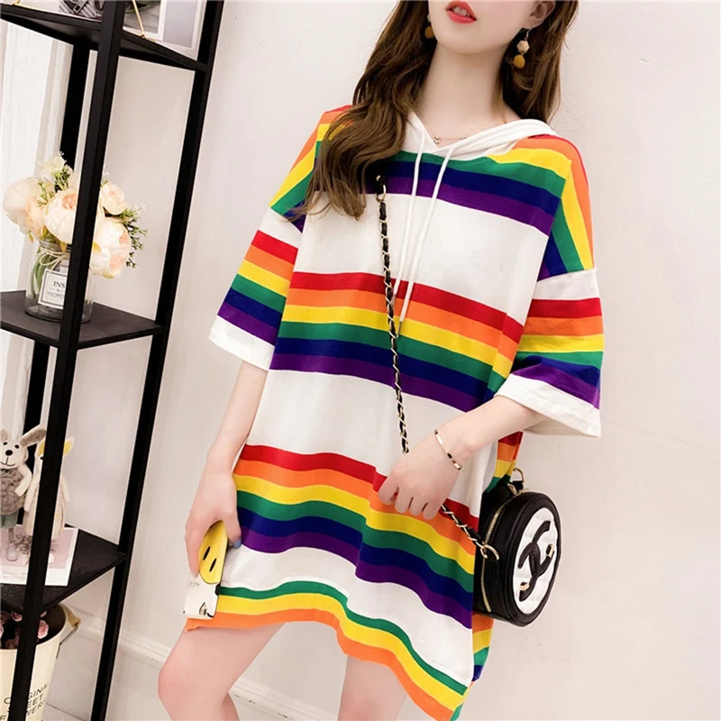 

Tshirts Women Rainbow Hooded Pocket Tee Harajuku Stripe Plus Size Block Top Streetwear Long T-Shirt Pullover