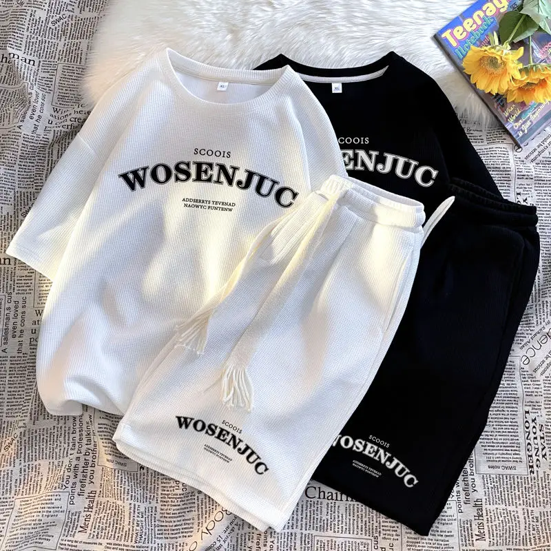 Harajuku Style Hong Kong Style Waffle Suit Men's Summer Sports Loose Short Sleeve Fashion Brand Ins Casual Shorts Men's