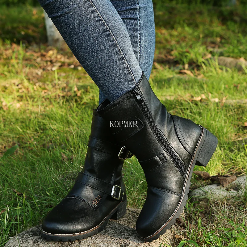 

35-43 Round Toe Square Heel Women's Casual Ankle Boots Buckle 2023 Autumn Fashtion Platform Boots Zip Motorcycle Botine De Mujer