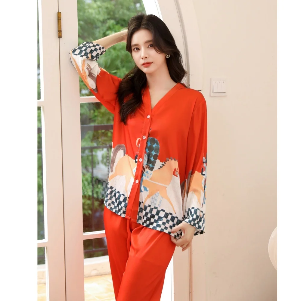 Lisacmvpnel Spring New Ice Silk Women Pajama Set Print Fashon Long Sleeve Suit Pyjamas Cardigan High Quality Suit Sleepwear