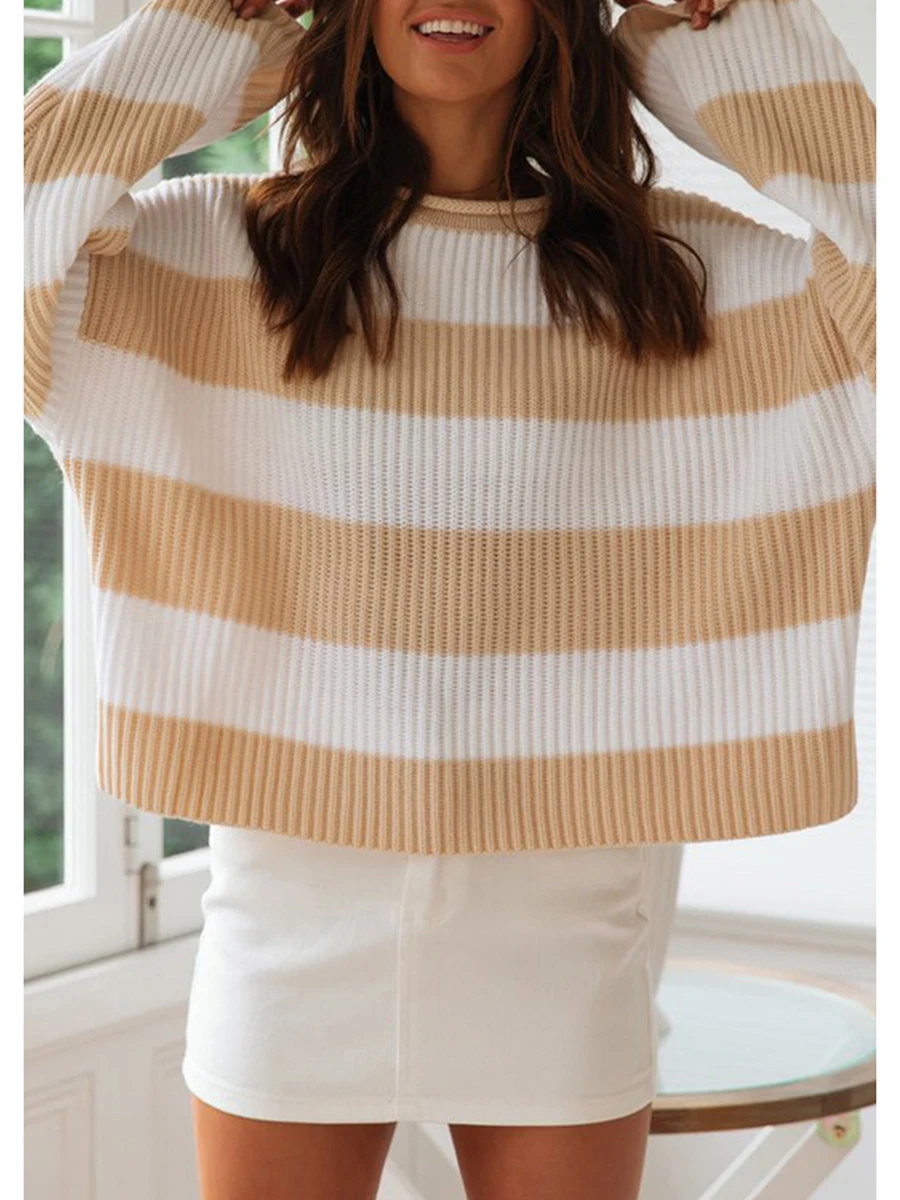 

wsevypo Loose Knitted Pullovers Tops Autumn Winter Women Long Sleeve Round Neck Striped Knitwear Sweaters Casual Jumpers