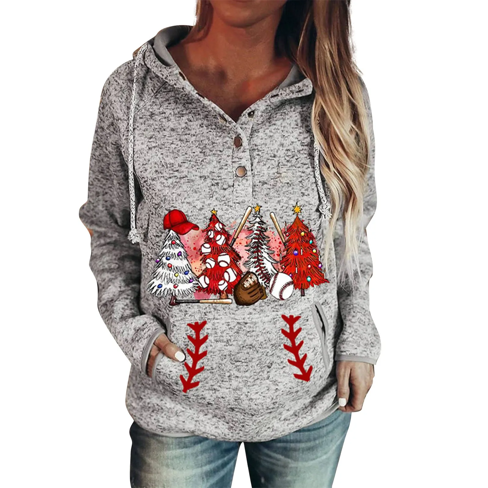 

Женский пуловер, толстовки в клетку с рождественским принтом, свитшоты на пуговицах с длинным рукавом и карманами, длинный флисовый Свитшот