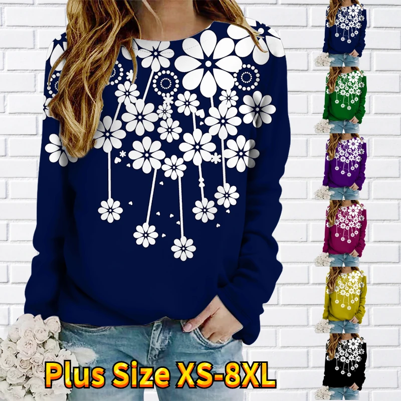 

Женская футболка с цветочным принтом, свободная повседневная футболка с круглым вырезом и длинными рукавами, Осень-зима 2022