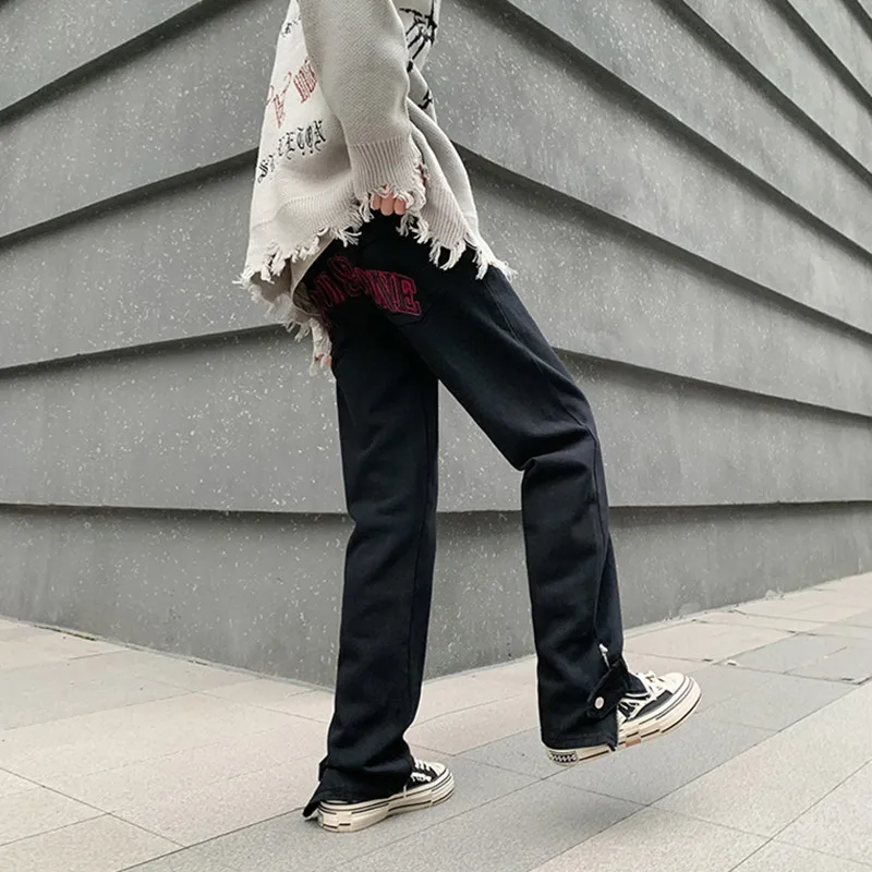 2022 Vibe Style Letter Embroidery Black Hip Hop Men Slim Jeans Pants Straight Goth Women Casual Denim Trousers Pantalones Hombre