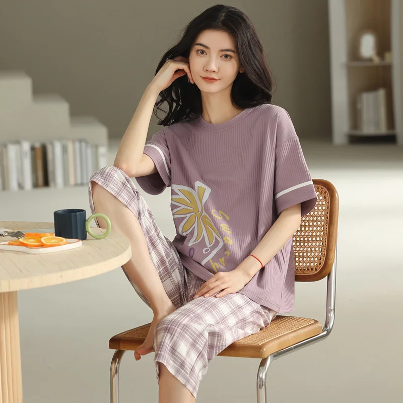 New pajamas women cotton thin section short-sleeve cropped pants large size loose girls can wear round neck home clothes