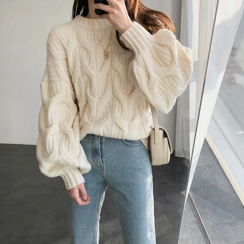 

Loose Thickened Pullover Fashion Korean Warm Knitting Tops Lantern Long Sleeve O-neck Twists Sweater Temperament New 28933