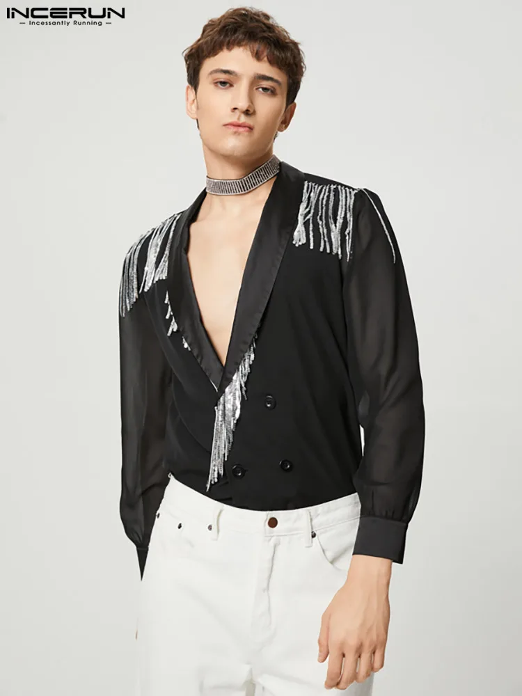 

2022 Men Shirt Mesh Patchwork Streetwear Shiny Tassel Fashion Casual Shirts Lapel Double Breasted Long Sleeve Camisas INCERUN
