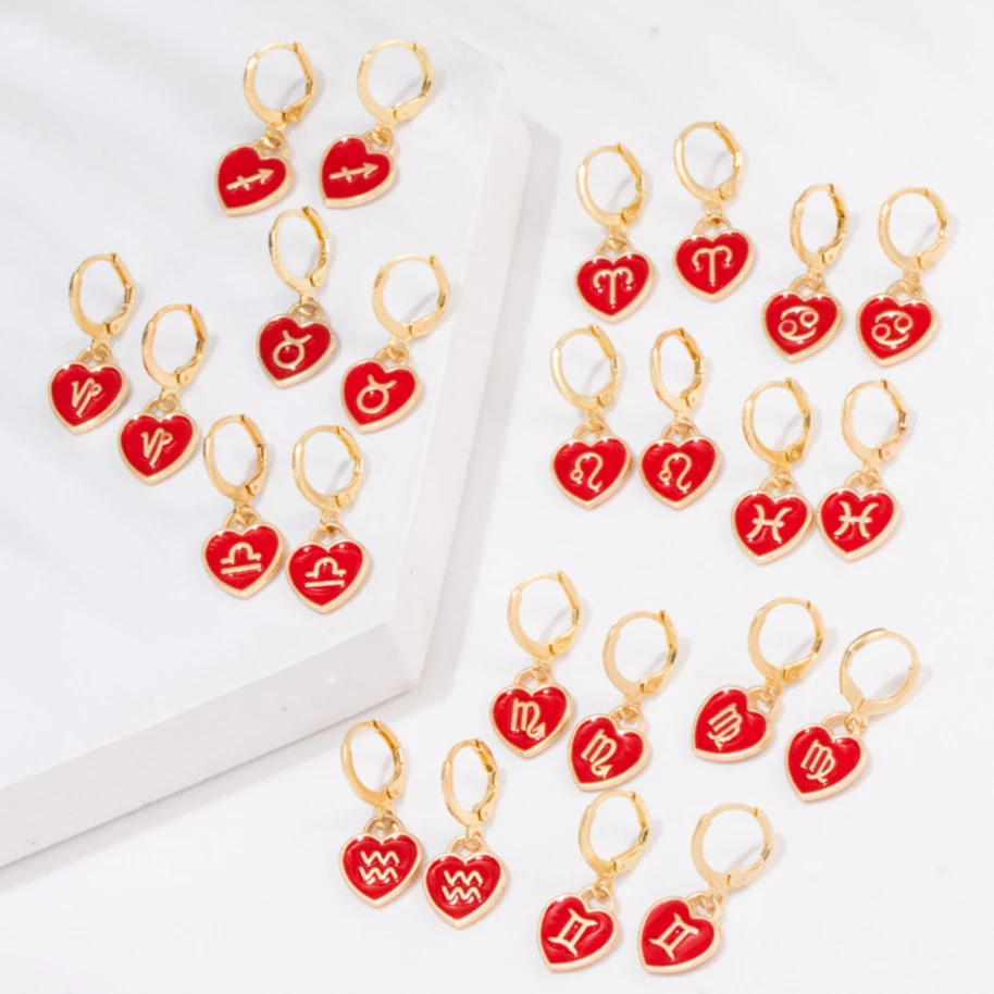 

Colorful Huggies Hoop Earrings Enamel Heart Pendant Earring Zodiac Signs Constellation Unique Design Jewellry for Women