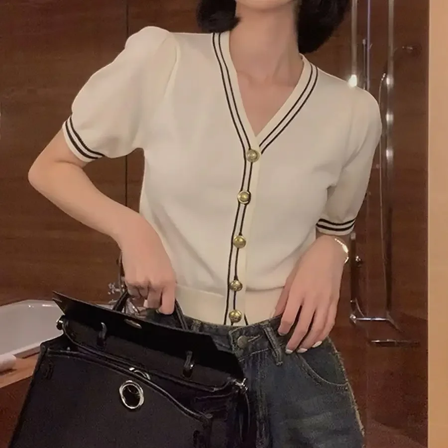 Вязаный топ с v-образным вырезом и короткими рукавами твидовый стиль женский