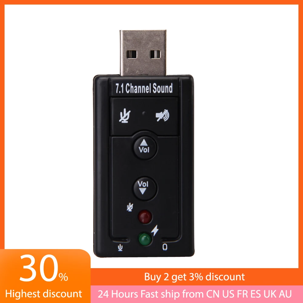 

​USB External 7.1 Channel CH Virtual Audio Sound Card Adapter PC Desktop Notebook Systems USB Type-A LED Indicators Black