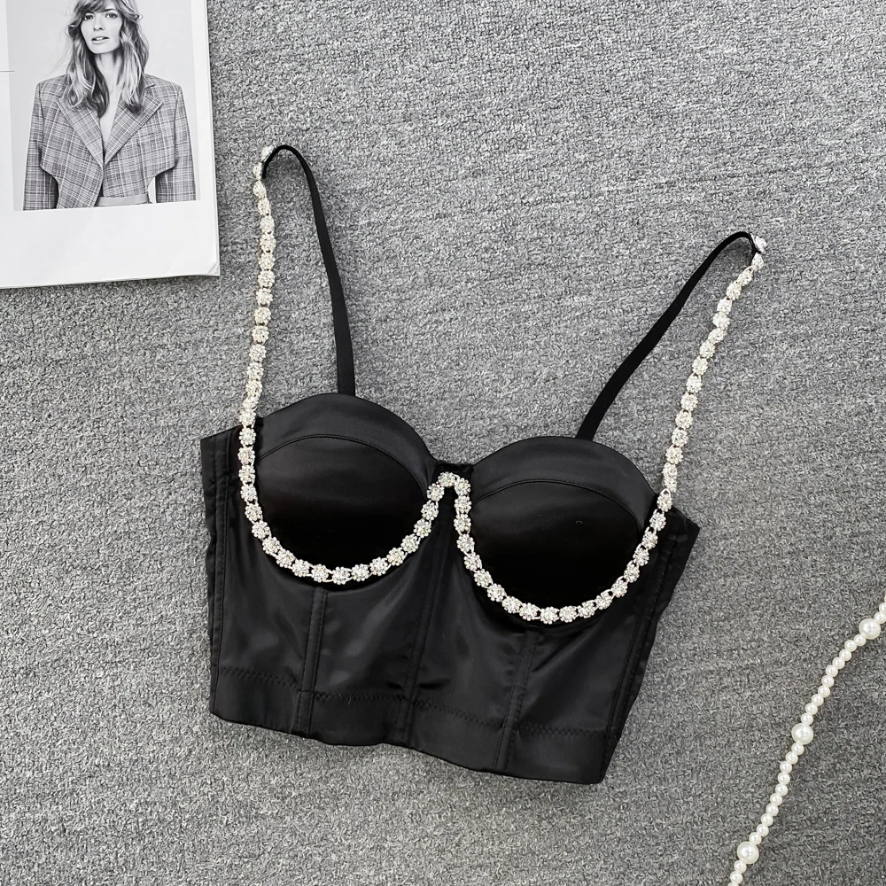 

Women's Sexy Diamond Insert Black Camis Satin Sleeveless Off Shoulder Bra With Chest Pad Red Chic Corset Hot Sweet Y2k Crop Tops
