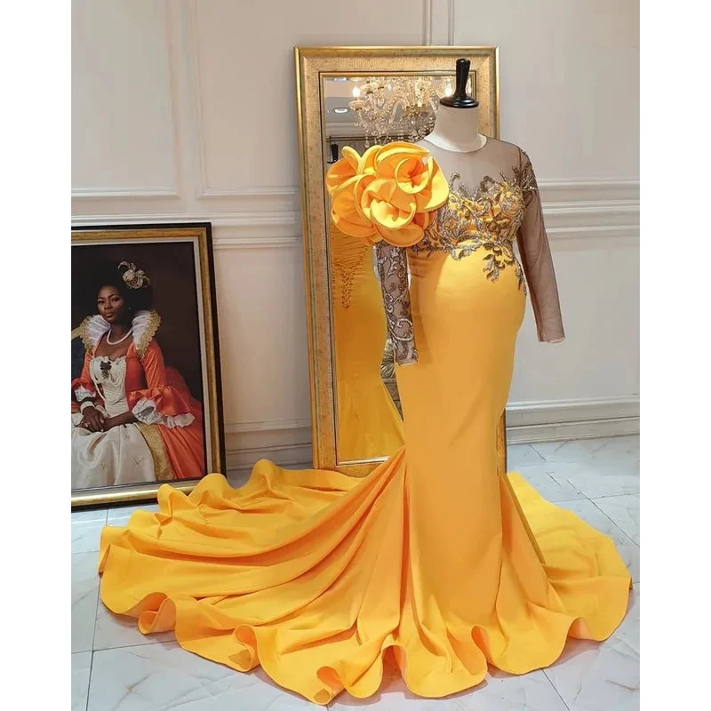 

Формальное желтое платье Kadisua с длинным рукавом, аппликацией, круглым вырезом, цветочным узором, шлейфом для часовни, официальное вечернее платье для беременных женщин, элегантное платье