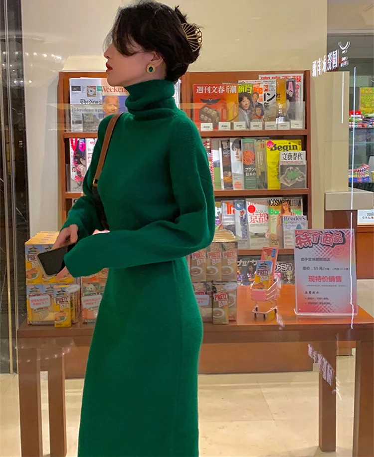 

Turtleneck Women's Dress Long Sleeve Sweater Kintted Dresses Women High Waist Slim Autumn Winter Pullover Knitting Long Robe New