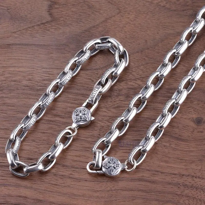 

S925 Silver Thai Silver Retro Wholesale Crude Male Version Cross Vajra Mantra Ring Collar Necklace