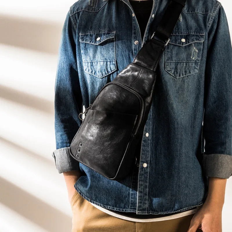 Retro fashion designer natural genuine leather men black chest bag outdoor sports lightweight first layer cowhide motorcycle bag