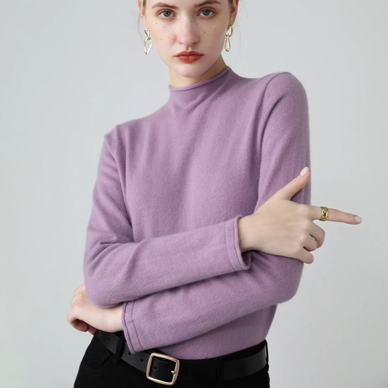Rolled Hem Half High Collar Pullover Women's Cashmere Sweater Autumn and Winter  New Long Sleeve Slim Knit Bottoming Shirt
