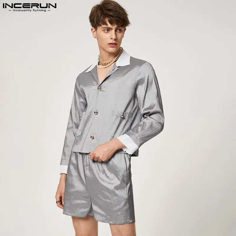 

INCERUN Fashion Men Sets Patchwork Lapel Long Sleeve Pockets Thin Jackets & Shorts 2PCS 2023 Streetwear Men Casual Suits S-5XL