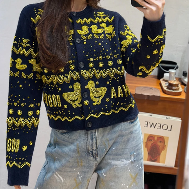 SONDR Темно-синий шерстяной кардиган с утиным дизайном