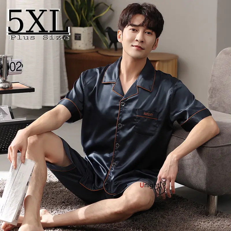 

Одежда для мужчин, летний комплект для сна, размер пижамы, штаны, одежда для сна, шелковая короткая Пижама для папы, большие размеры 4XL, Мужска...