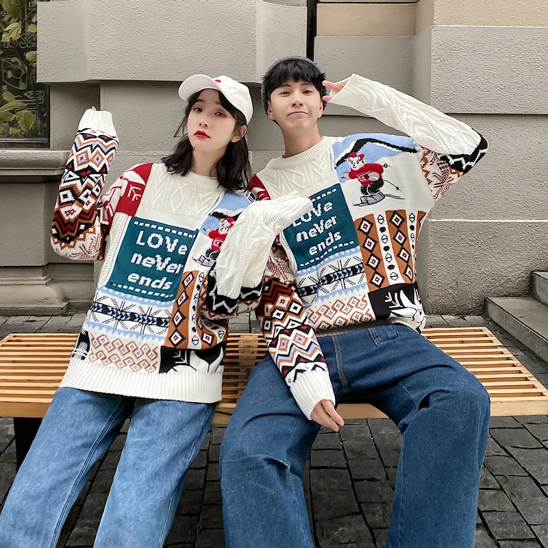 

2022 Autumn Winter Bottoming Knitted Pullover Vintage Loose Long Sleeve Sweater Couple Wear Cartoon Pullover Knitting Sweater