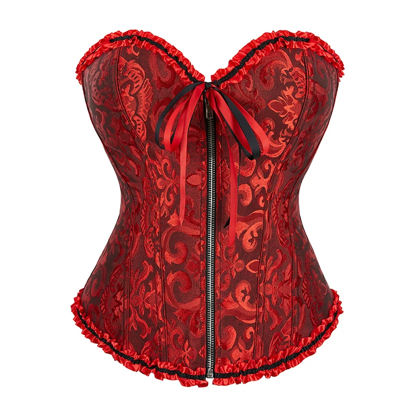 Sexy Overbust Corset Zipper Waist Bustier Lace Up Corset Top Boned Waist Trainer Lingerie Women Jacquard Floral Gothic Gorset