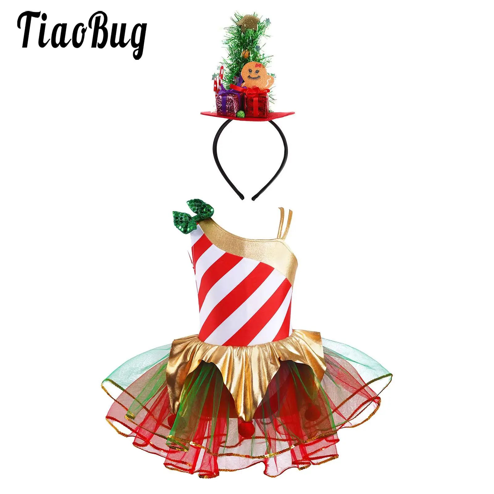 

Kids Girls Christmas Carnival Party Candy Cane Costume Striped Tutu Dance Dress with Headband Figure Skating Leotard Dress