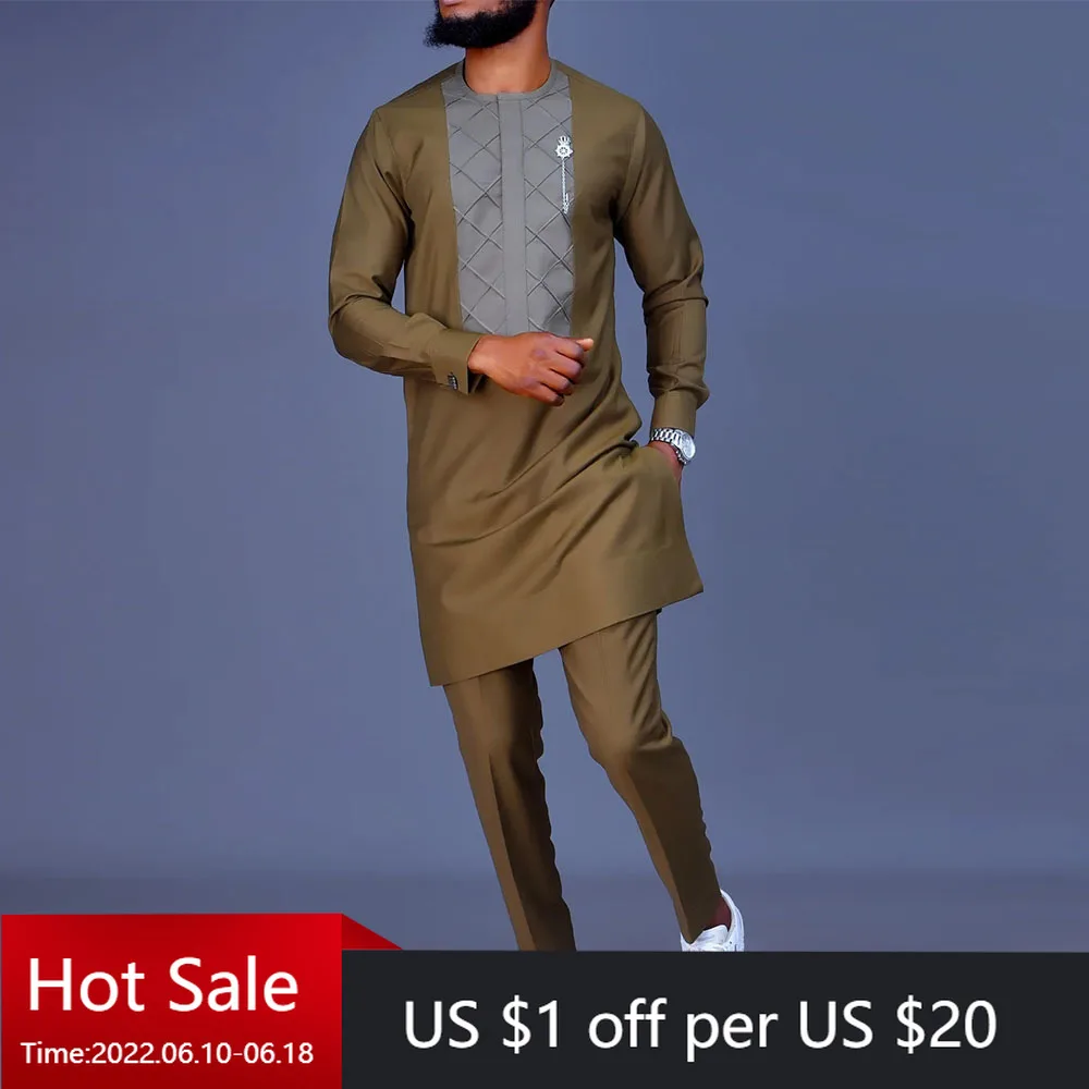 New African Men's Sets Ankara Embroidery Kaftan Summer Set Man All Occassion Plaid Shirt And Sweatpants Male 2 Piece Set African