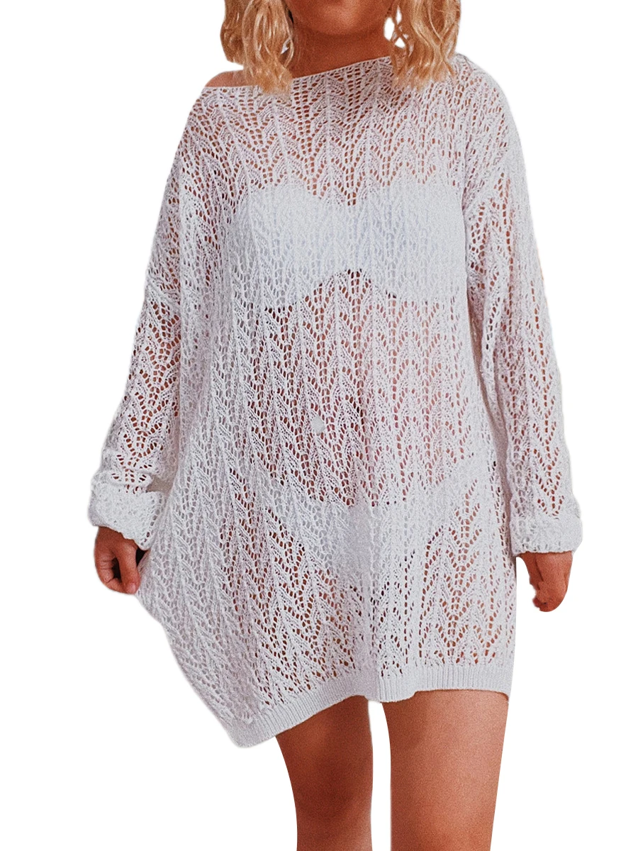 

Women Bikini Cover Ups Solid Color Knitted Cutout Loose Casual Long Sleeve Beach Dress Swimwear Blouse