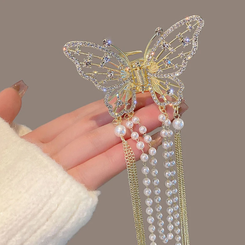 

Pearl Tassel Butterfly Hair Claw Vintage Long Pendant Hair Clips Shark Clip Headwear Claw Clip Fashion Girl Hair Accessories