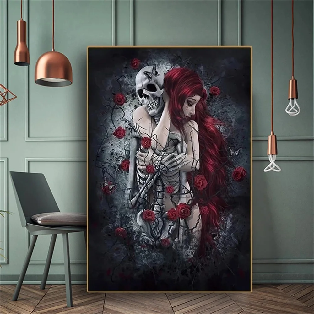 

Abstract Skull Girl Rose Flower Canvas Paintings Vintage Nordic Posters and Print Wall Art Pictures for Living Room Home Decor