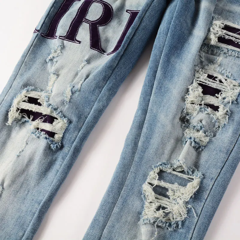 High Street Fashion Men Jeans Retro Light Blue Stretch Skinny Ripped Jeans Men Brand Patch Designer Hip Hop Denim Pants Hombre