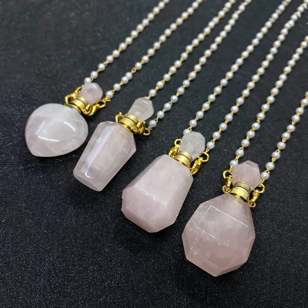 

Wholesale Natural Stone Pink Crystal Perfume Bottle Necklace Charm Lady Aromatherapy Bottle Pendant Handmade DIY Necklace Gift