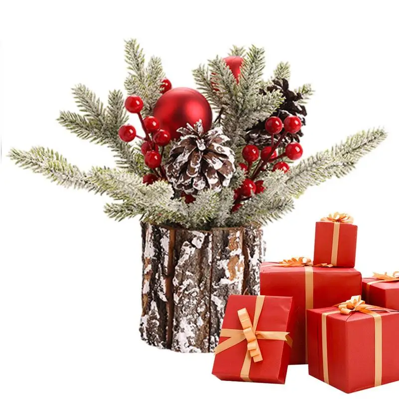 

Mini Christmas Tree Artificial Tabletop Christmas Tree Red Berries Snow Covered Branches Tree Desk Ornaments Small Christmas