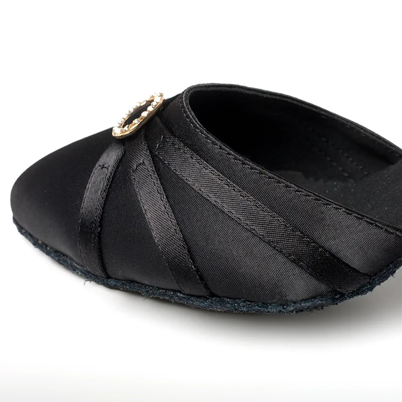 New Women Modern Dance Shoes Black Soft Sole Latin Dance Shoes Ballroom Breathable Satin Dancing Shoes High-Heeled 5.5/7.5CM