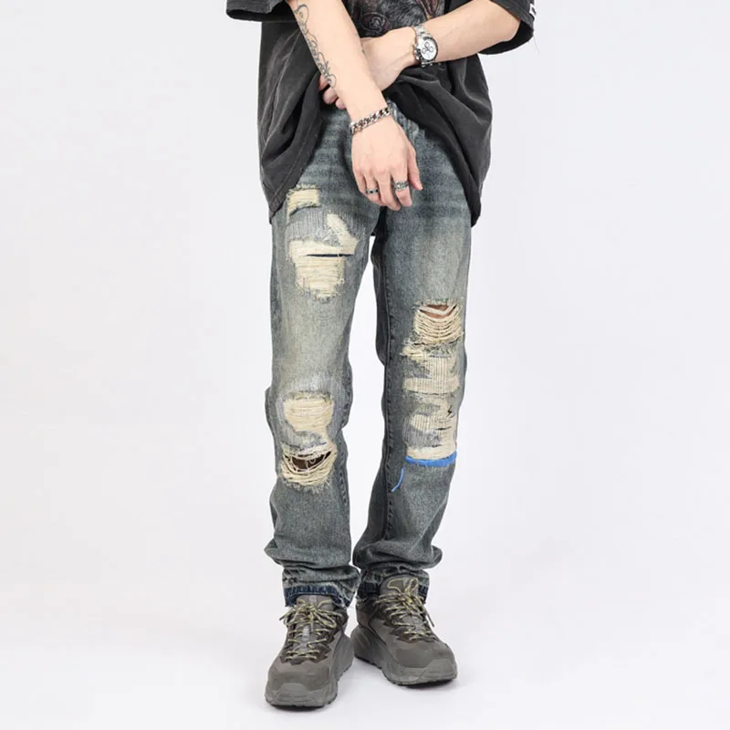 

Hole Ripped Retro Straight Spliced Mens Jeans Streetwear Washed Pcoekts Distressed Denim Trousers Loose Hip Hop Jean Pants