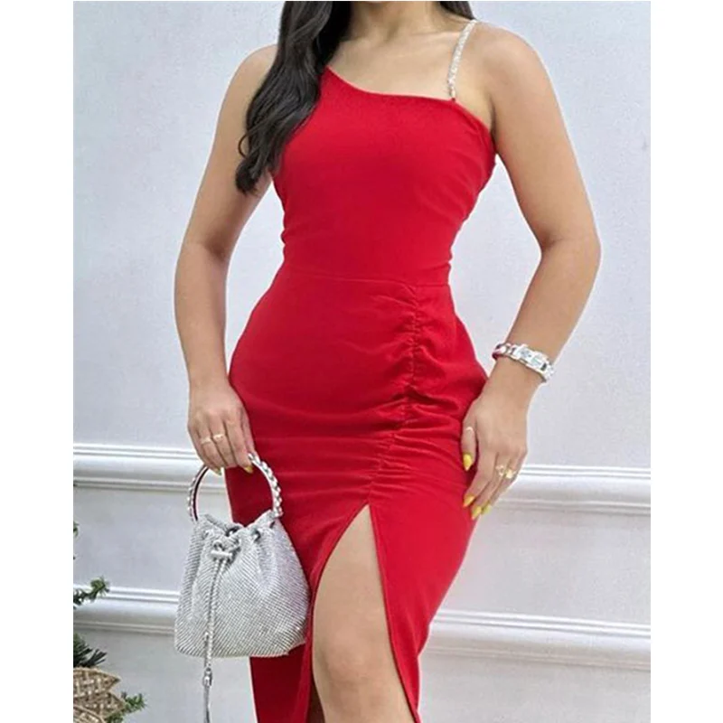 Elegant Asymmetrical Neck High Slit Ruched Evening Party Dress Women Sexy High Waist Corset Cocktail Dress