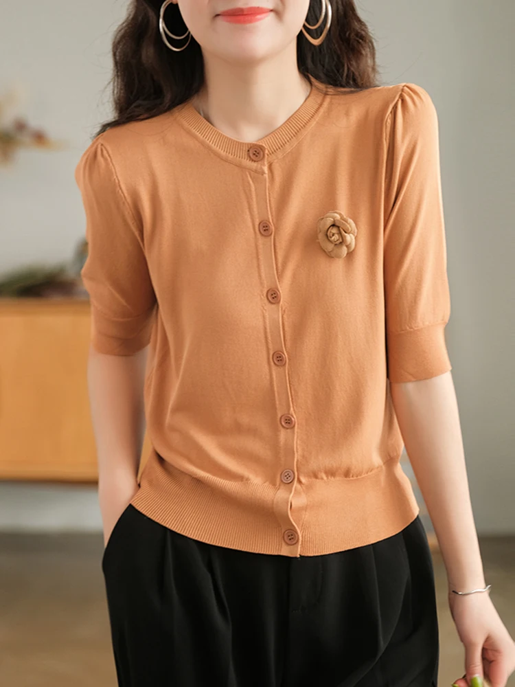 

Вязаный кардиган, женская футболка, летние футболки с цветочным принтом в стиле пэчворк с коротким рукавом, 2022, повседневная одежда, футболк...