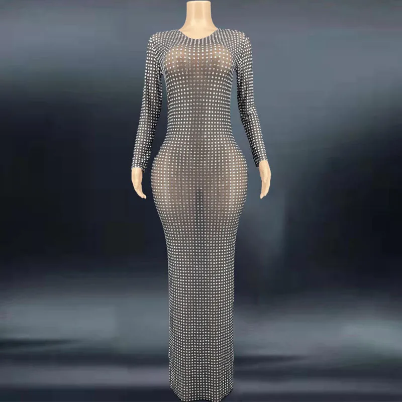 

Sexy Stage Sparkly Evening Full Rhinestones Dress Black Nude Mesh Transparent Performance Wear Dance Singer Crystals Long Dress
