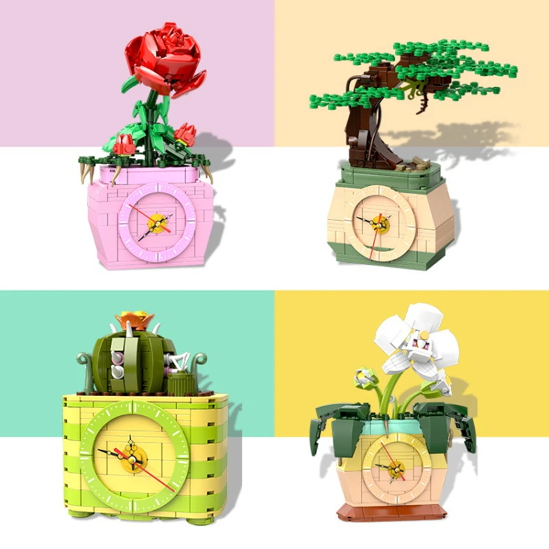 

Friends City Flowers Bouquet Bonsai Tree Creative Table Clock Potted Plants Rose Orchid Cactus Building Blocks Toys Kids Gifts