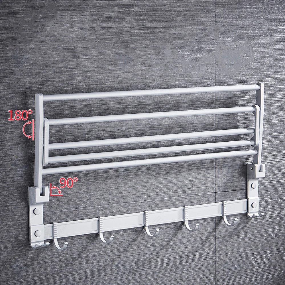 bright silver towel rack with movable hook aluminum holder bathroom accessories folding wall rail organizer hanger storage shelf free global shipping