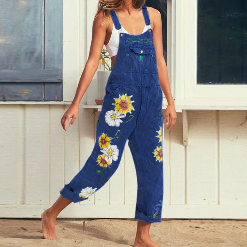 Floral Print Denim Jumpsuit Overalls Skinny Pants Women Fashion Printed Denim Suspenders Female Casual Workwear Style Bodysuit
