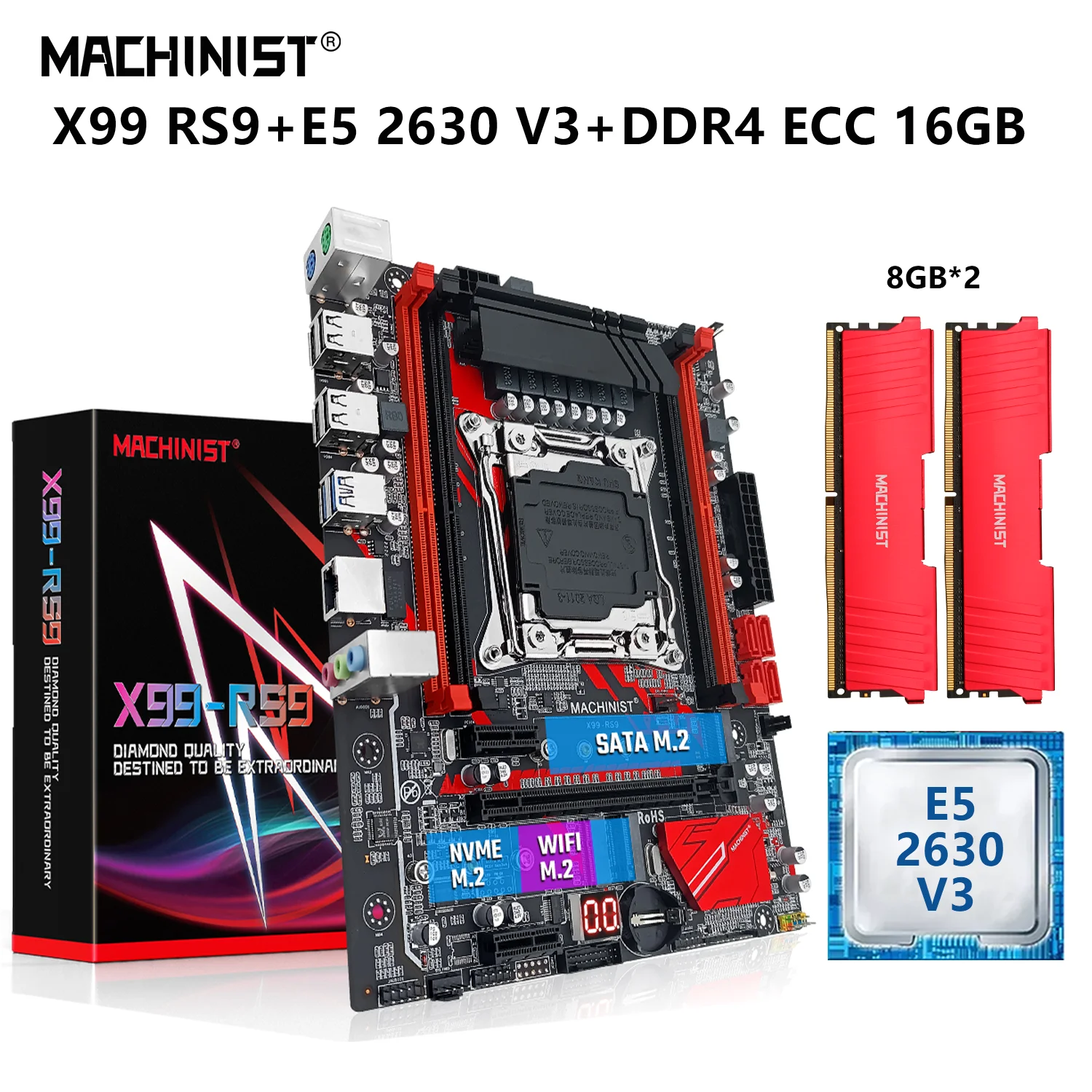 MACHINIST X99 Kit Motherboard LGA 2011-3 Set Xeon E5 2630 V3 CPU Processor 16G=8Gx2 DDR4 ECC RAM Combo SATA NVME M.2 X99-RS9