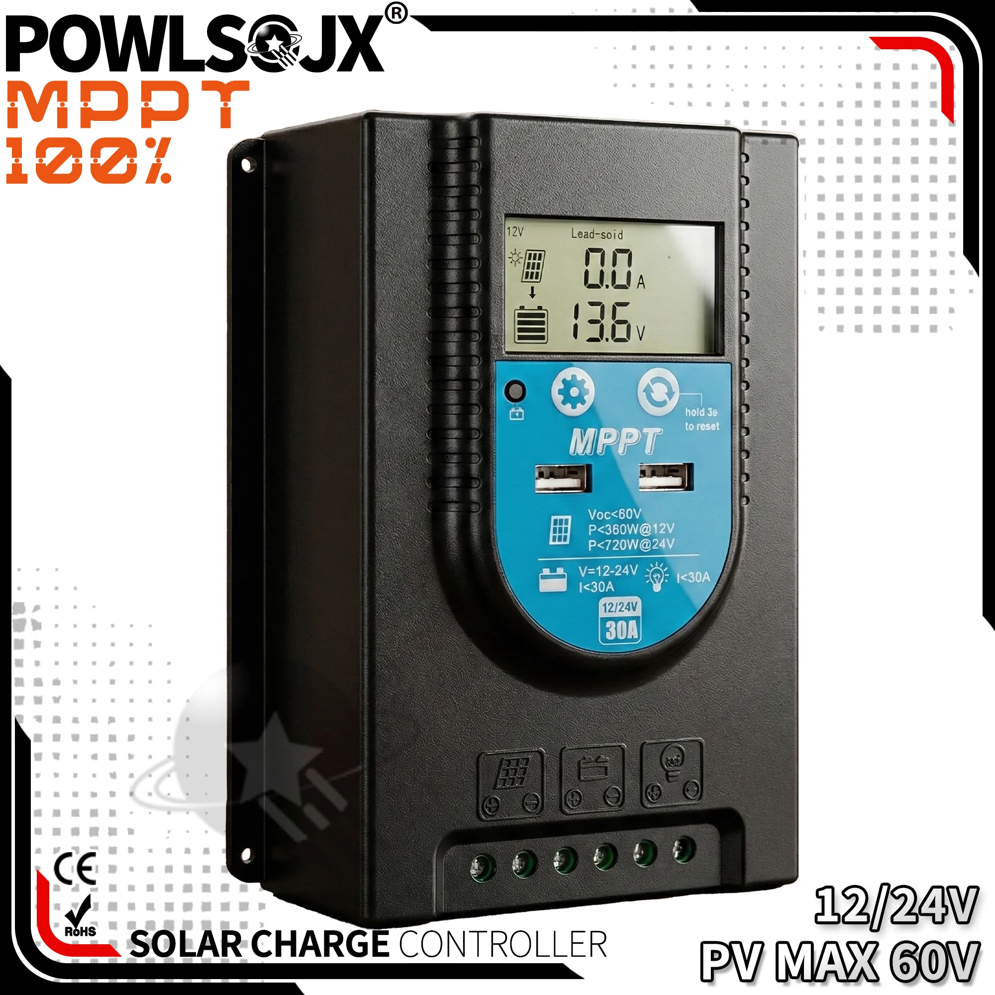 

POWLSOJX Контроллер заряда солнечной батареи 30А 12/24В с охлаждением