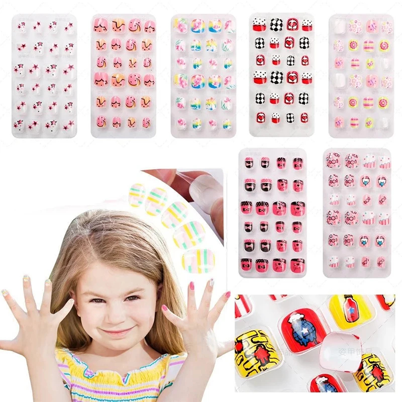 Kids Fake Nails Press On Nail Art Decor Child Detachable False Nails Oval Wearable Full Cover Nail Tips Manicure Tools 24Pcs