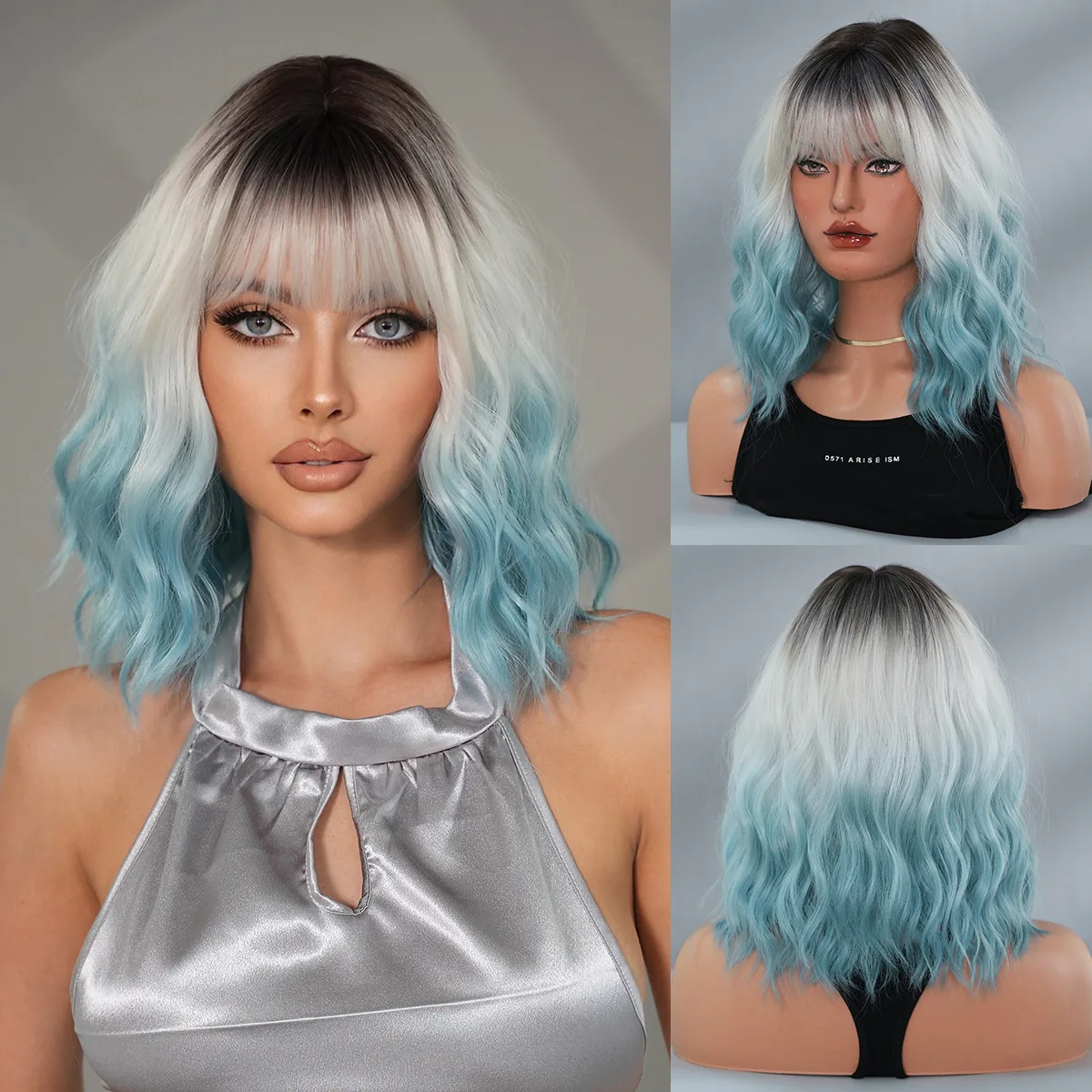 Парик GUHUAN Dark Root Silver To Sky Blue Ombre, короткий волнистый боб с челкой, градиентный, с эффектом водной волны, из термостойкого синтетического волоса. (art.: 3920dbddc3a64) - 3920dbddc3a64