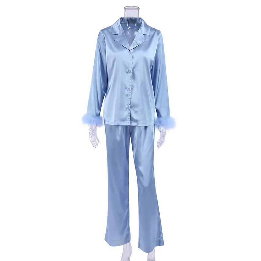 Blue Color Silky Satin Soft Comforatble Women Pajamas Feather Pajama Set Long Sleeve Spring Autumn Sleepwear Nightwear