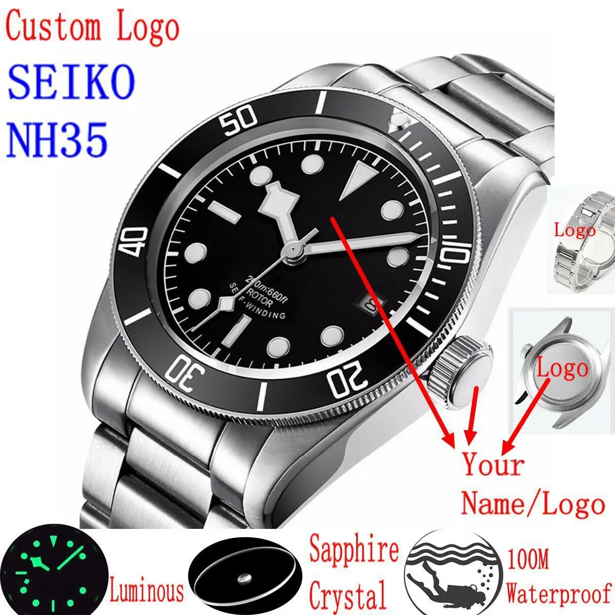 Часы наручные NH35 Мужские механические Роскошные водонепроницаемые