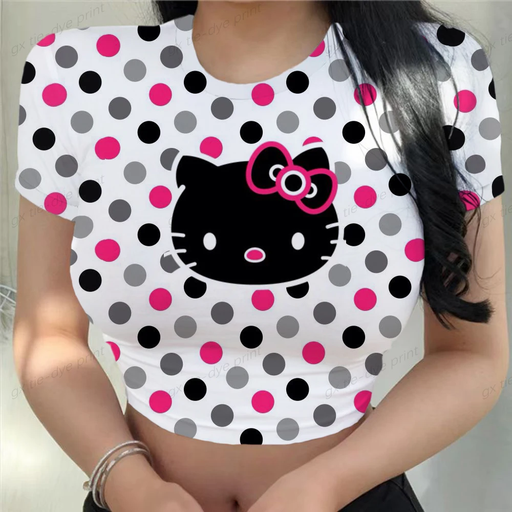 

Summer Kawaii Sleeve Tee Vintage Graphic T-shrit Women's clothing Cartoon Hello Kitty Printing Y2k Clothing Cropped Top Tees